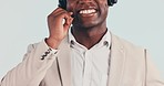 Call center, customer service and mouth of person in studio for talk, help or online consulting. Telemarketing, smile and closeup of man for CRM business, support and communication on gray background