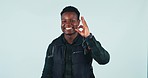 Face, hike and black man with ok sign, support and motivation on a blue studio background. Portrait, hiker and African person with hand gesture, agreement and health with feedback, icon and review