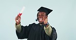 Excited, graduation certificate and black man celebrate in studio isolated on a blue background mockup space. Winner, graduate and diploma of student for success, learning achievement or college goal