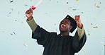 Confetti, graduation certificate and black man celebrate in studio isolated on blue background mockup space. Excited, graduate and diploma of student with energy for success, achievement and goal