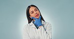 Medical, thinking and woman with research, problem solving and brainstorming on a blue studio background. Person, model and scientist with idea, planning or choice with decision, study or opportunity