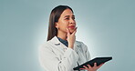 Tablet, doctor and idea with a science woman in studio on a gray background for research or innovation. Technology, thinking and problem solving with a young scientist looking for a breakthrough