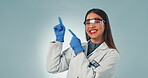 Woman, pointing and hands of happy scientist in studio background with promotion or presentation of info. Science, portrait and person show mockup with menu option or checklist in laboratory