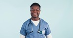 Face, happy black man and nurse with stethoscope for cardiovascular healthcare, heart wellness and tools. Portrait, smile and medical cardiology worker in studio isolated on a blue background mockup