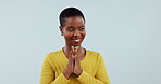 Thinking, planning and evil scheme of happy woman in studio isolated on a white background mockup space. Idea, cunning and plotting African person, villain brainstorming choice and decision making.