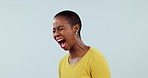 Stress, anxiety and black woman screaming in studio angry, frustrated or mistake trauma or grey background. Fear, bipolar and face of African model with mental health crisis, shout or grief reaction