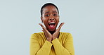 Surprise, shocked and portrait of a woman in studio happy, laughing or excited about wow news. Winner, celebrate and a black female person on a white background for announcement, happiness or success