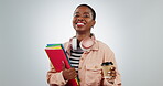 Woman, books and coffee with a student in studio excited about school, learning and education. Face of a happy black female person ready for university, college or scholarship on a white background