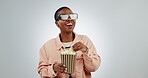 3D, glasses and black woman with popcorn for funny movie, laughing and cinema food with high tech in studio. Comedy, corn snack and theatre with streaming, digital world and video on white background