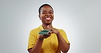 Cash, financial freedom and happy black woman with wealth, money rain and face isolated on white background. Bonus, salary or income with lotto winner in portrait, dollar bills and cashback in studio