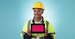 Happy man, architect and tablet screen in construction or advertising against a studio background. Portrait of male person, contractor or engineer showing technology app, display or tracking markers