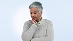 Mature woman, stress and thinking a question in studio by blue background. Anxious mexican person, strategy and fear for decision, idea and brainstorming for retirement, problem solving and senior