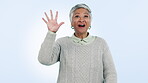 Senior, woman and counting on fingers in studio with happiness for child development, learning and math. Old person, hands and numbers for online class and education or teaching on blue background