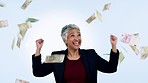 Money rain, senior winner or happy woman with lottery jackpot for a competition giveaway or cash prize. Business, mature or excited rich person with Euros or gambling on blue background in studio 