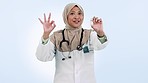 Face, doctor and Islamic woman with vial, ok sign and agreement on a blue studio background. Portrait, medical professional and Muslim person with test tube, perfect and vaccination with healthcare