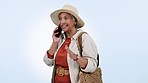 Phone call, communication and senior woman in studio in conversation for gossip or secret. Smile, technology and elderly female model on mobile discussion with cellphone isolated by white background.