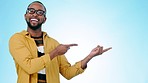Black man, pointing and face with decision for promotion, checklist and presentation for deal and choice. Blue background, studio and model with information and announcement of promo with a smile