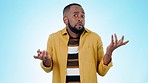 Black man, confused and hands out with doubt, questions and asking why on blue background. Confusion, shock and person thinking with frustrated hand gesture, decision or opinion in studio portrait.