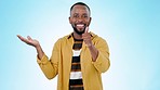 Pointing, thumbs up and face of black man on blue background for promotion, deal and choosing. Emoji, happy and portrait of person with hand gesture for thank you, agreement and decision in studio