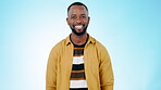 Happy, black man and face on blue background in studio with university student, smile and confidence. African, happiness and portrait with fashion, style and clothes for weekend, fun and free time