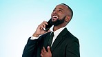 Happy businessman, phone call and laughing for funny joke or conversation against a studio background. black man or employee smile and enjoying fun business discussion on mobile smartphone on mockup