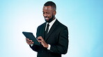 Happy businessman, tablet and research in schedule planning or social media against a studio background. Black man or employee smile working on technology for business plan or networking on mockup