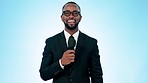 Microphone, reporter and face of black man in studio for information, breaking news and announcement. Journalism, press media and portrait of person talking, speaking and broadcast on blue background