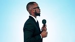 Microphone, reporter and black man in studio for news interview, information and announcement. Journalism, press media and profile of person talking, speaking and broadcast anchor on blue background