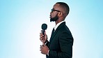 Microphone, reporter and profile of black man in studio for information, breaking news and interview. Journalism, media anchor and side of person talking, speaking and broadcast on blue background