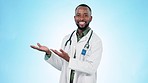 Face, man and doctor advertising to space, mockup and information on blue background in studio. Portrait, happy african surgeon and presentation of medical review, healthcare news and offer advice 