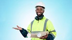 Construction worker, blueprint and black man is pointing at list for professional contractor info on blue background. Floor plan, architecture and menu, steps for engineering project in studio