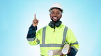 Black man, architect and blueprint pointing up in construction planning against a studio background. Portrait of African male person, contractor or engineer for plan, idea or solution on mockup space