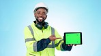 Happy black man, architect and tablet green screen for construction or advertising against a studio background. Portrait of African engineer or contractor showing technology app, display or mockup