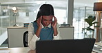 Business woman, stress and headache at laptop in office with anxiety, burnout or vertigo of brain fog, 404 glitch and working late. Tired indian worker at computer with pain, fatigue or mental health