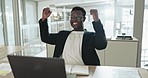 Excited business man, laptop and success in office for winning news, celebrate stock market profit or bonus. Happy african trader, computer or cheers to reading online announcement of investment deal