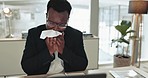 Sick business man, sneeze and blowing nose in office for allergies, cold and virus germs. African employee with tissue for infection of influenza, allergy and risk of bacteria, sinusitis and hayfever