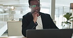 Doubt, thinking and black man on laptop in business startup office, planning and problem solving. Computer, decision making and serious professional designer reading email, brainstorming and confused