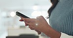 Hands, business woman and typing with phone in office for social network, mobile chat and digital contact. Closeup of worker scroll on cellphone, reading news app and search web information online
