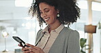 Happy business woman, cellphone and typing in office for social network, funny mobile chat and digital contact. Employee laugh with smartphone, reading news and search media for information on app 