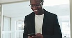 Happy business man, cellphone and typing in office for social network, funny mobile chat or digital contact. African worker laugh with smartphone, reading joke and search media for information on app