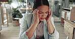 Business woman, burnout and headache in office for mistake, vertigo and crisis of brain fog, mental health and debt. Face of frustrated asian employee with stress, fatigue and massage temple for pain