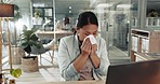 Business woman, sick and sneeze with tissue in office for allergies, cold and virus germs. Asian employee blowing nose for infection of influenza, allergy and risk of bacteria, sinusitis and hayfever