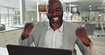 Excited man, laptop and success in office for winning promotion, celebrate profit and bonus prize. Happy african business entrepreneur, computer and cheers with fist for deal, achievement and reward