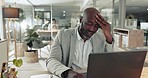Black man, business and headache at laptop with stress, vertigo and crisis of brain fog, 404 glitch and debt in office. Tired entrepreneur at computer with fatigue, migraine and frustrated in burnout