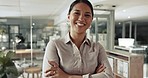 Business woman, arms crossed and happy face of a corporate worker in office ready for compliance job. Asian female person, professional and portrait with closeup of confidence and pride at workplace