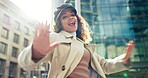 Woman, dancing and city with face, freedom and outdoor in urban road, excited smile and steps to music. Dancer girl, metro street or sidewalk for moving, happy celebration and travel in Sao Paulo cbd