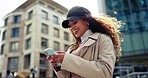 Outdoor, smile and woman with a smartphone, connection with digital app, lens flare and network with a smile, mobile user and typing. Person, city and girl with a cellphone, social media and contact