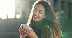 City, funny and woman with a cellphone, typing and digital app with email notification, lens flare and network. Person, outdoor and girl with a smartphone, laughing and connection with social media