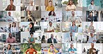 People, collage and diversity with face, smile or career for men, women or children for work, learning or fitness. Professional employees, school kids and students for arms crossed, tech or portrait