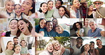 Group of people, diversity and collage with selfie or smile for fun with laugh, talking or happy. Community, older woman and multi screen for connection or communication with multiracial or social
